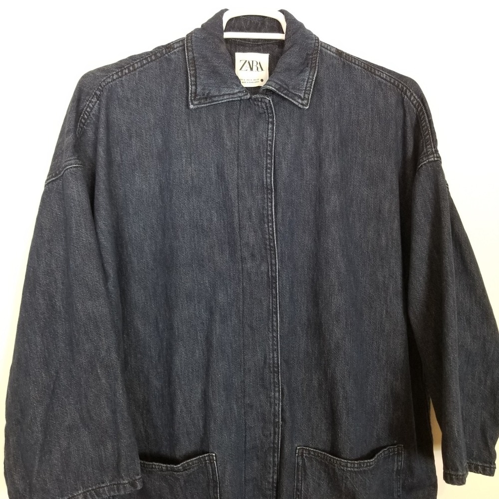 Zara Minimalist Denim Jacket Women Sz M Blue Long Pockets Relaxed Boho - Picture 3 of 11